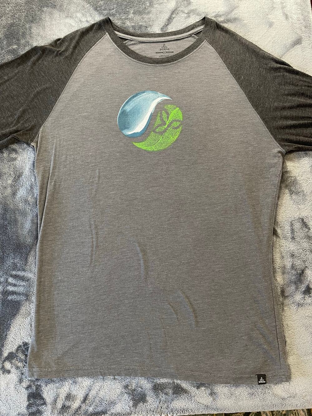 prAna Mens Size XL Heather Gray Raglan Short Sleeve Graphic T Shirt Tee